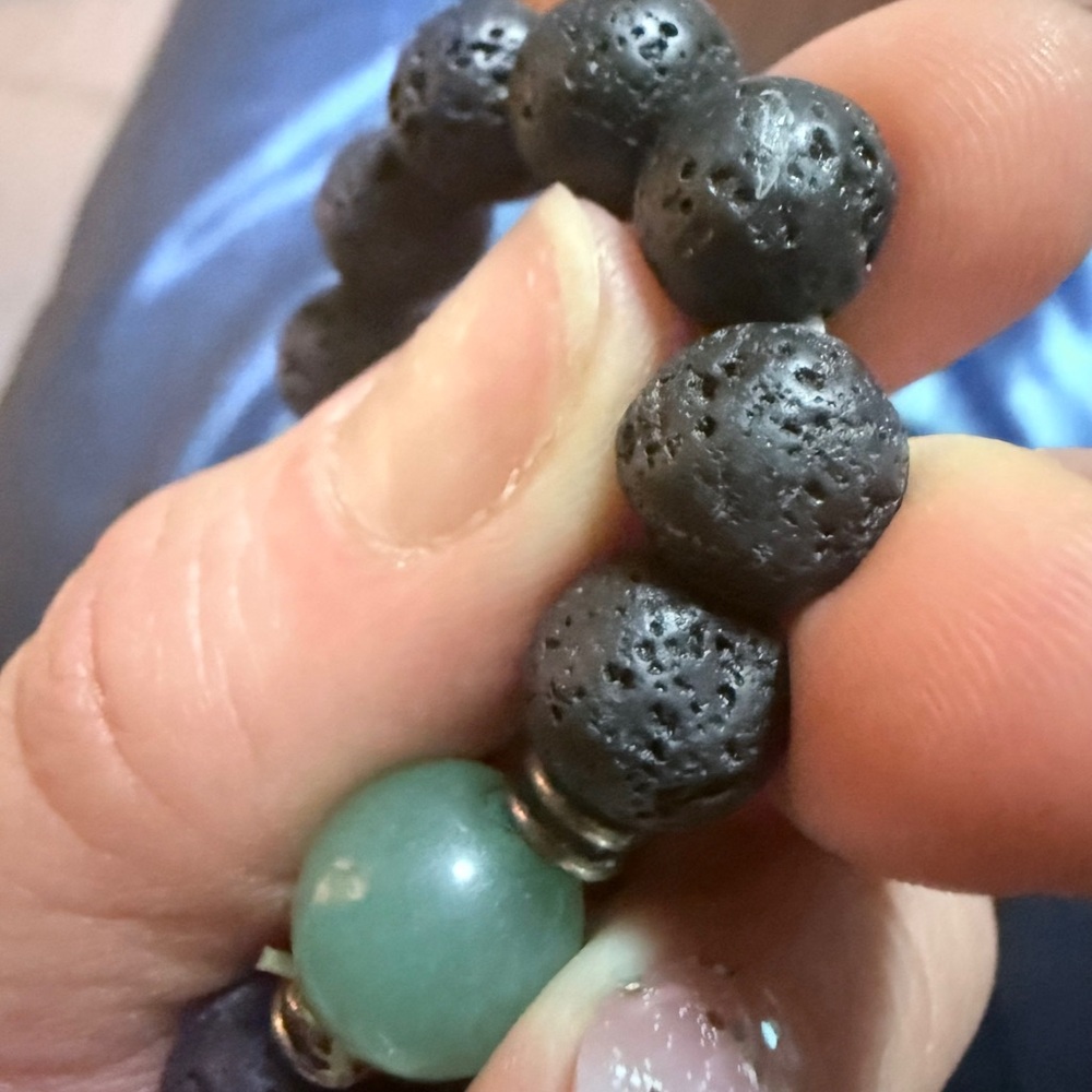 New lava rock and Green Beaded Bracelet. Lava rock absorbs essential oils 😊😍
